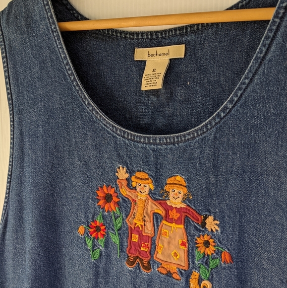 VINTAGE scarecrow sunflower embroidered fall autumn pinafore skirtall jumper - Picture 6 of 8